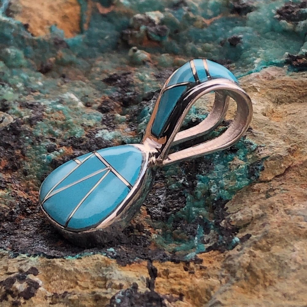 Zuni Inlaid Drop Turquoise Silver Pendant - Picture 2 of 8